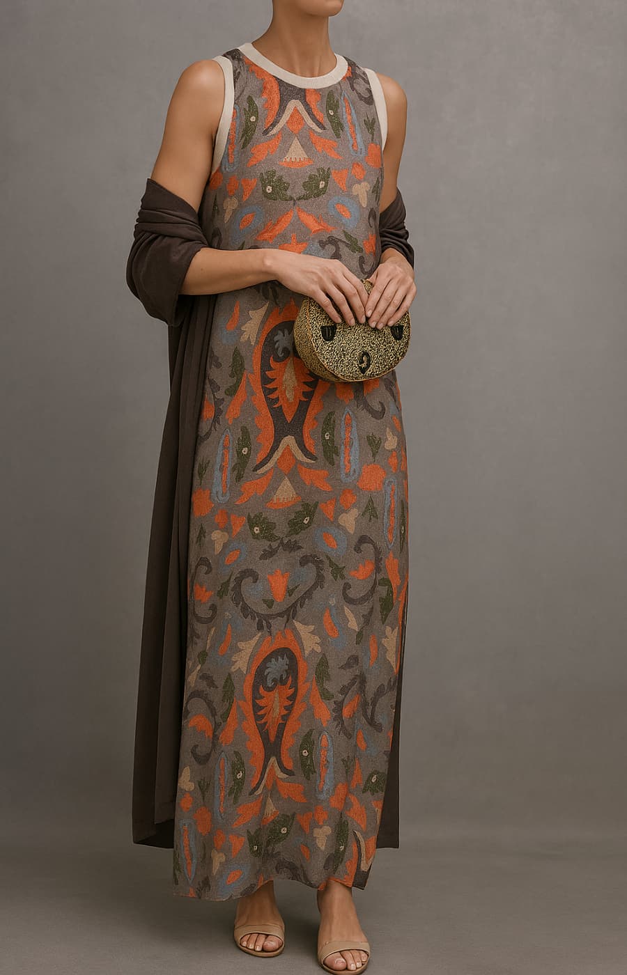 Elegante mouwloze maxi jurk met vintage uitstraling