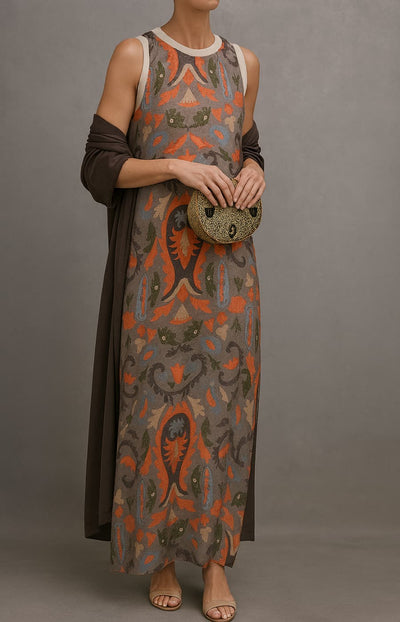 Elegante mouwloze maxi jurk met vintage uitstraling