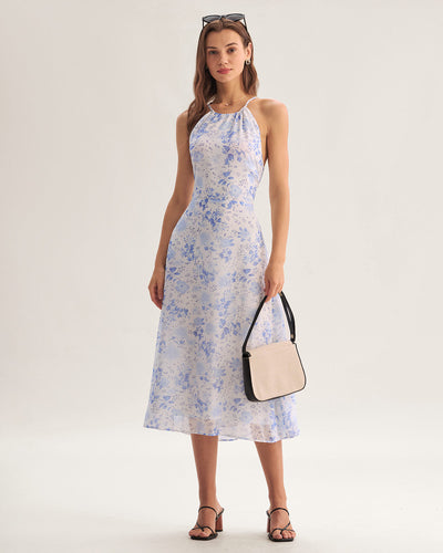 Elegante halterjurk met bloemenmotief en middellange lengte