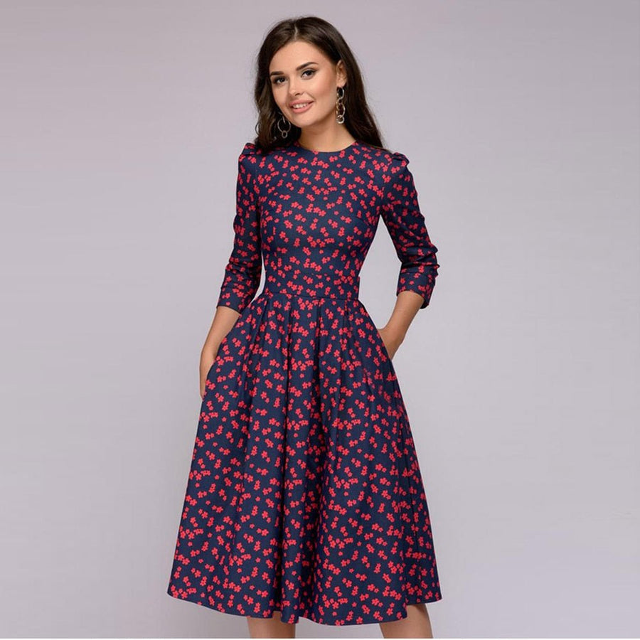 Elegante dames A-lijn jurk met print en driekwart mouwen