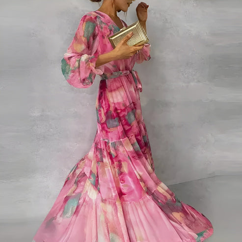 Lange overslagjurk met aquarel bloemenprint en lange mouwen voor een elegante look