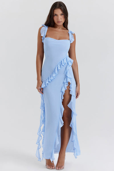 Elegante maxi jurk met geplooide details op de schouderbanden