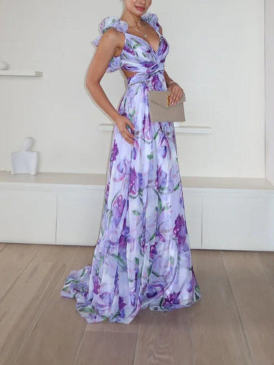 Maxi jurk met open rug en fijne bloemenmotieven in romantische stijl