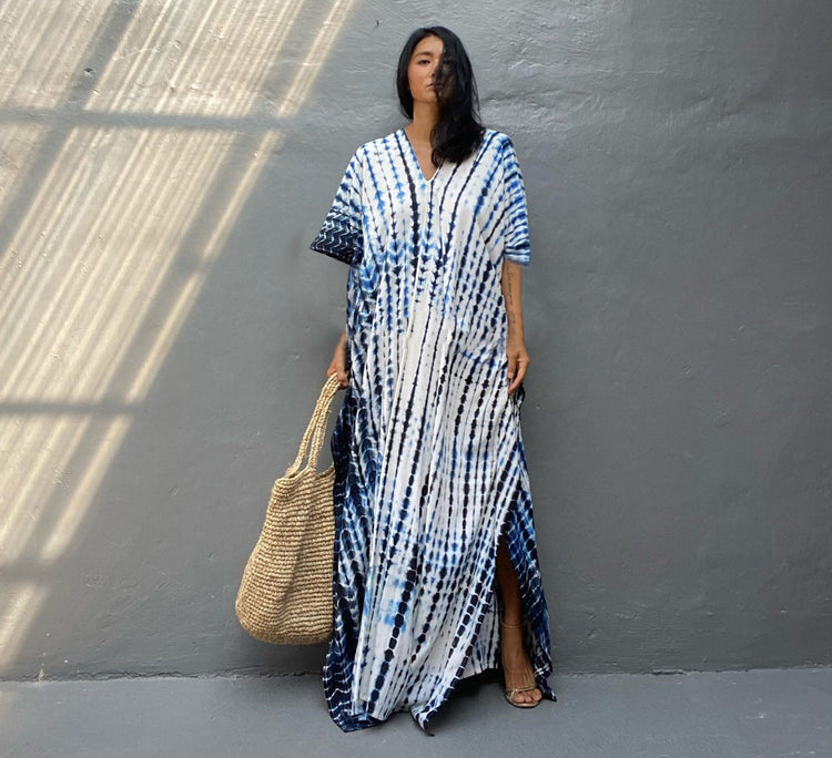 Bohemian maxi kaftanjurk met artistiek patroon en losvallend model
