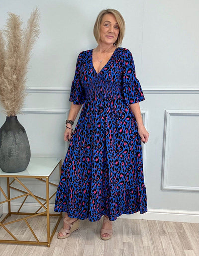 Lange casual damesjurk met print korte mouwen en moderne halslijn