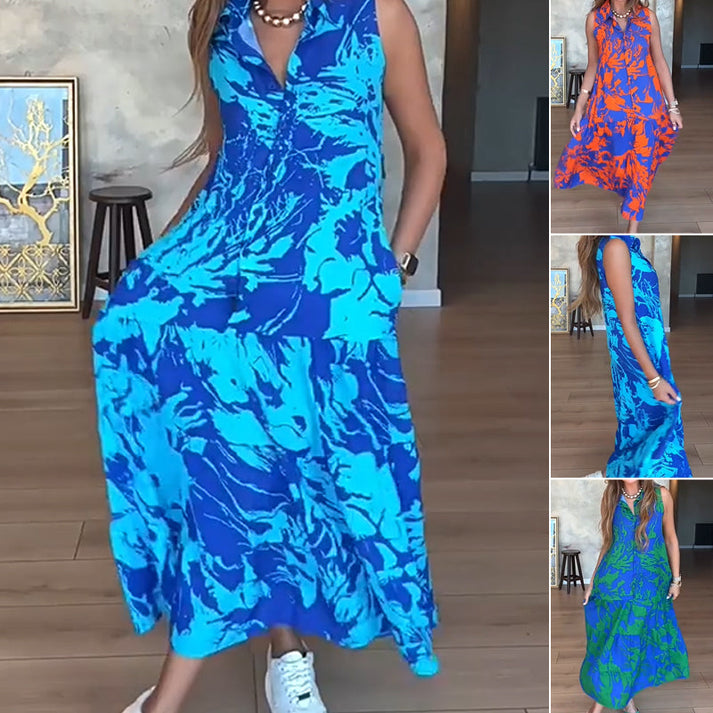 Zomerse maxi jurk zonder mouwen met knoopdetail en omslag