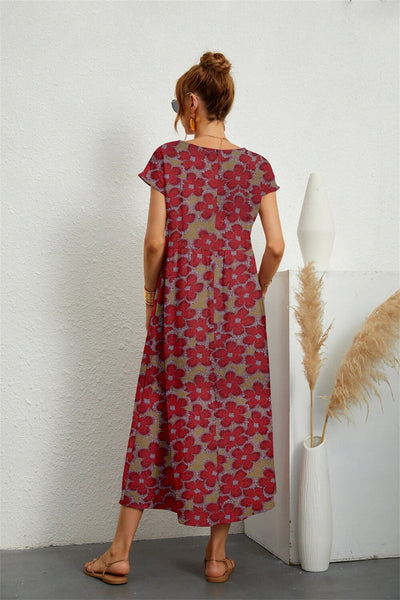 Lange casual damesjurk met speels dessin en korte mouwen