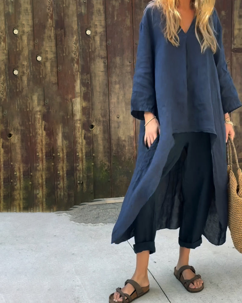 Luchtig damespak met lange blouse en losse broek voor een stijlvolle zomerse uitstraling