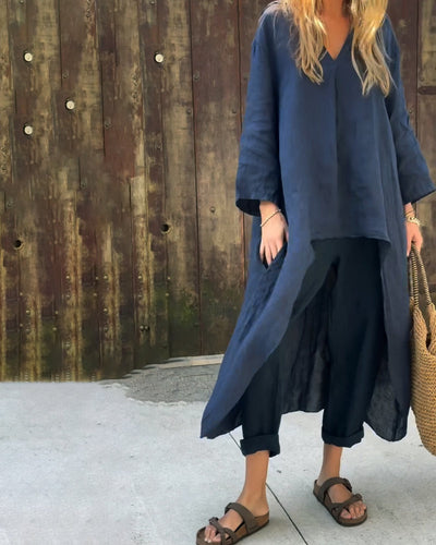 Luchtig damespak met lange blouse en losse broek voor een stijlvolle zomerse uitstraling