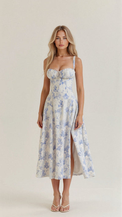 Elegante midi jurk met corset look en stijlvolle uitstraling