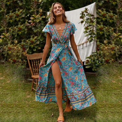 Bohemian lange jurk met korte mouwtjes en elegante stijl