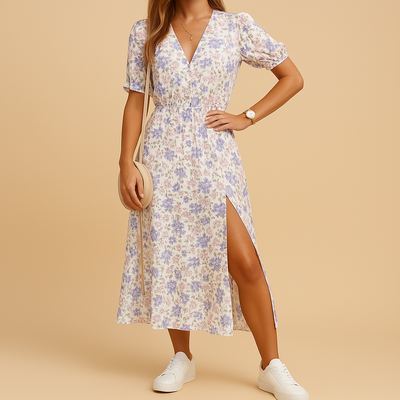 Casual maxi jurk met korte mouwen V-hals en split aan de zijkant