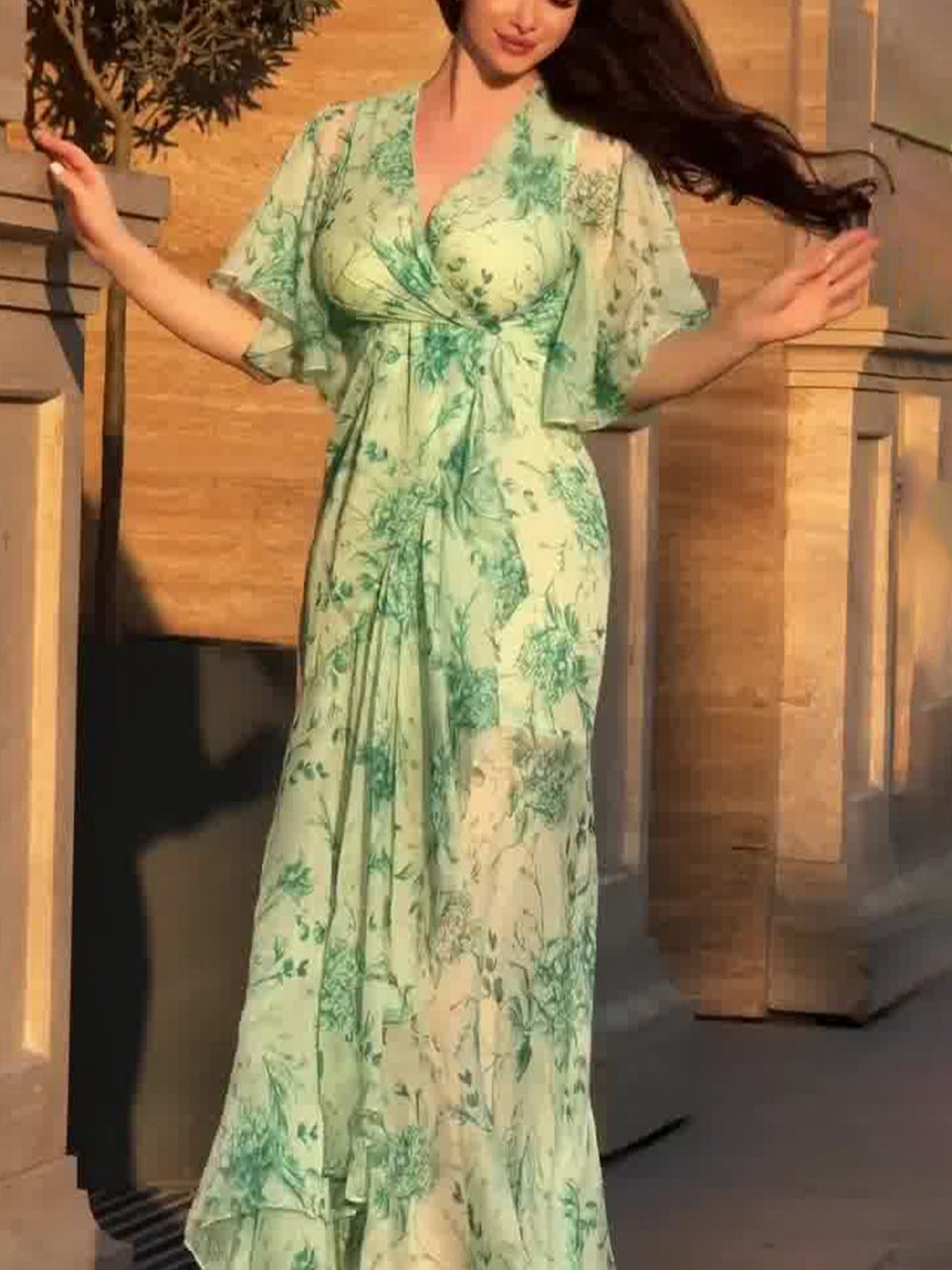 Retro lange jurk met bloemenprint en wijde mouwen