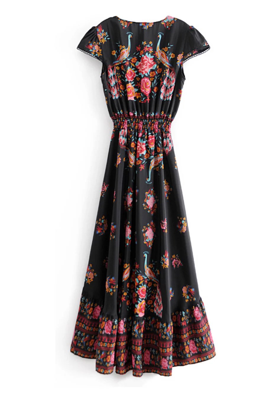 Stijlvolle midi jurk in boho stijl met bloemenprint en v hals