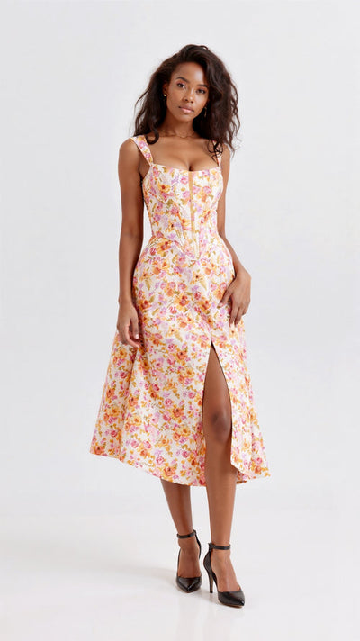 Middellange damesjurk met bloemenprint en fijne bandjes