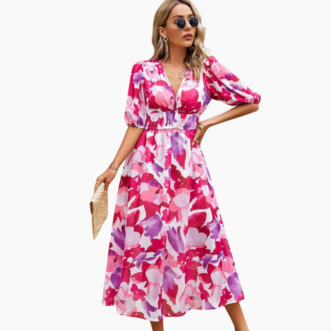Elegante midi jurk met bloemenmotief en pofmouwen