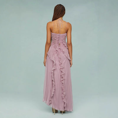 Elegante maxi halterjurk met plooien en speelse ruches