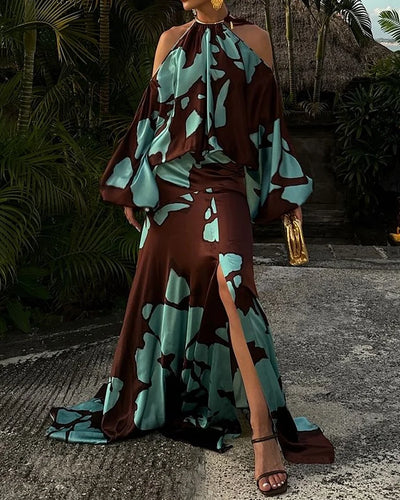 Lange damesjurk met print en elegante halslijn voor zomerse gelegenheden
