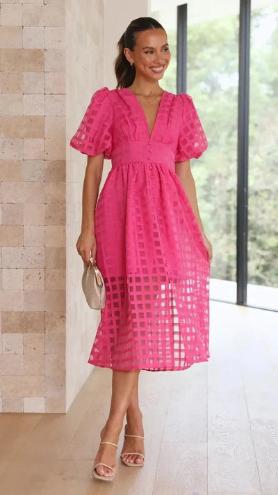 Nicole - Midi jurk met vierkante print en mouwen met ruches by Beauty