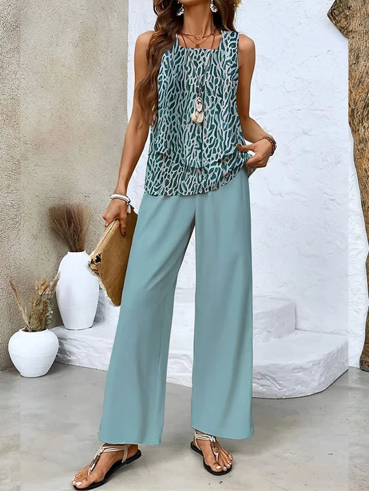 Dames tweedelige set met geometrische print zonder mouwen voor zomerse nonchalant dagen