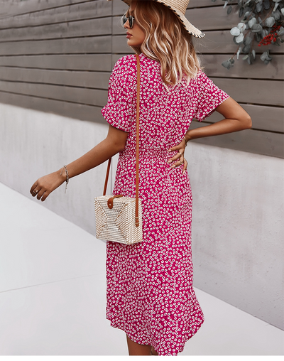 Boho midi jurk met korte mouwen knoopsluiting en v hals
