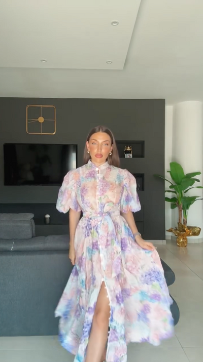 Boho maxi jurk met knopen ceintuur en wijde korte mouwen
