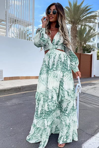 Estefania - Elegante jurk met lange mouwen en bedrukte V-halslijn