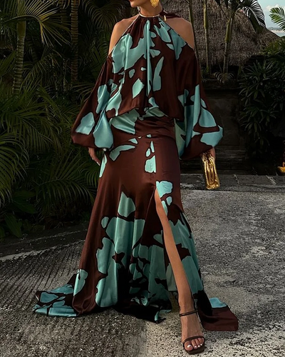 Elegante maxi jurk met print en lange mouwen in off shoulder stijl