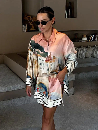 Zomers dames set met lange mouwen blouse en korte broek met print