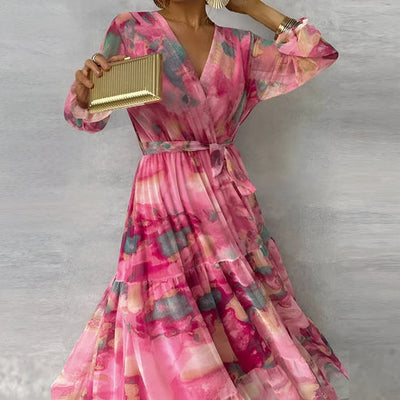 Lange overslagjurk met aquarel bloemenprint en lange mouwen voor een elegante look