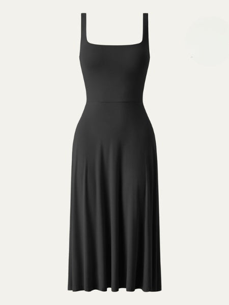 Luchtige dames midi jurk met vierkante hals en dunne bandjes