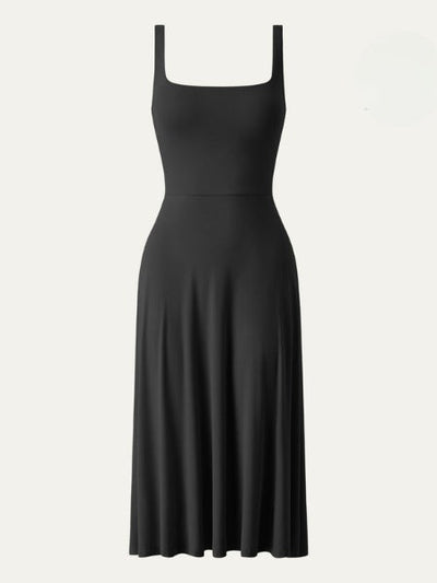 Luchtige dames midi jurk met vierkante hals en dunne bandjes