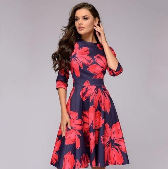 Elegante dames A-lijn jurk met print en driekwart mouwen