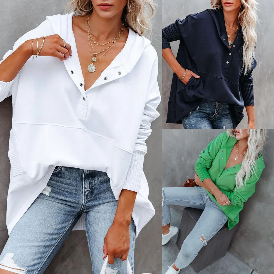 Brenda casual effen sweatshirt met V-hals en vleermuismouwen