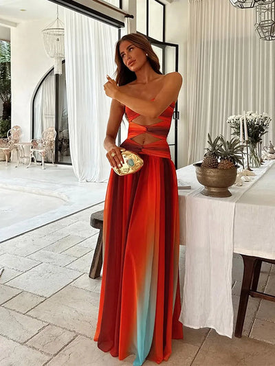 Elegante mouwloze maxi jurk met verloop en uitgesneden details
