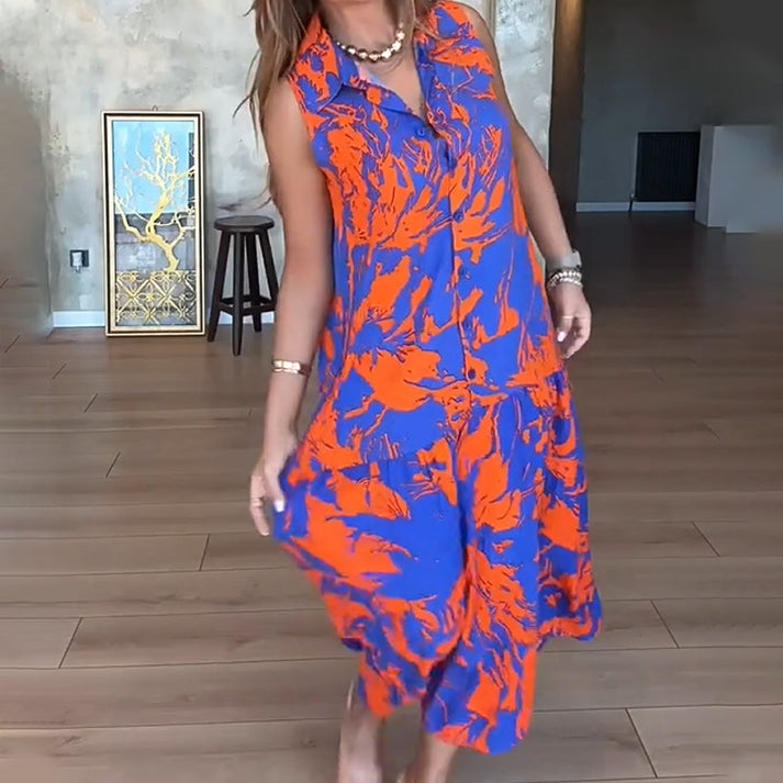 Zomerse maxi jurk zonder mouwen met knoopdetail en omslag
