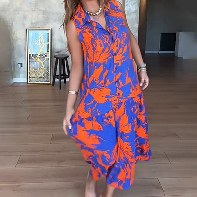 Zomerse maxi jurk zonder mouwen met knoopdetail en omslag