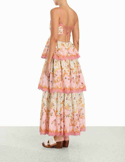Bloemenjurk met spaghettibandjes en tiered ruffle zoom in maxi lengte
