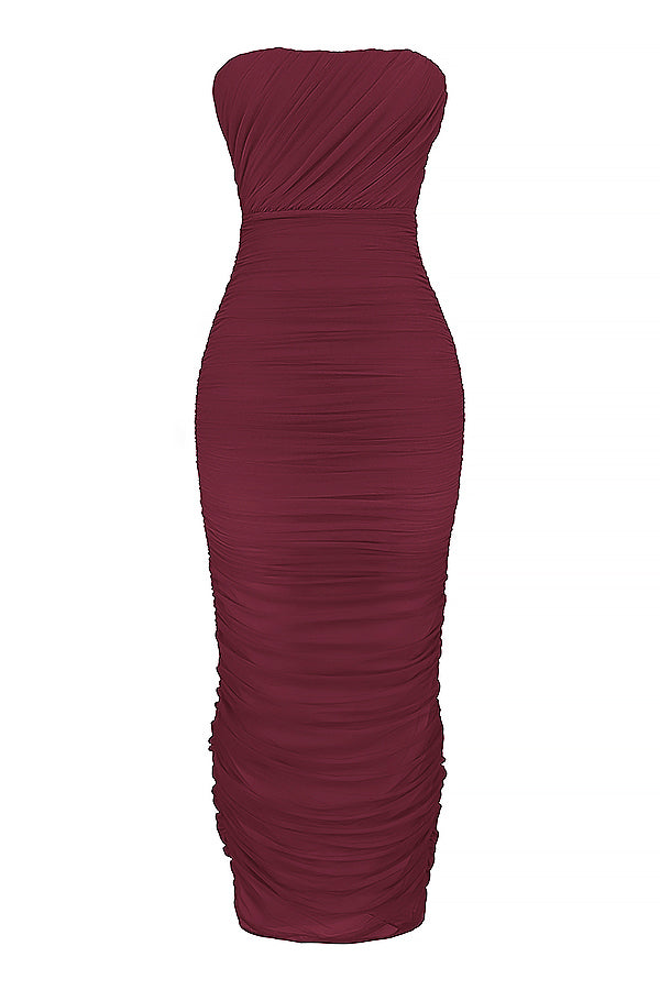 Strapless maxi jurk met speelse ruches en zwierige uitstraling