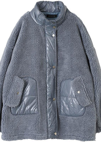 Lange Blauwe Jas voor Dames - Losse Pasvorm met Opstaande Kraag en Patchwork