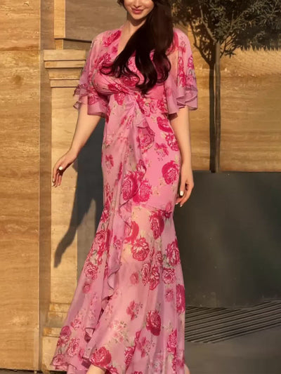 Retro lange jurk met bloemenprint en wijde mouwen
