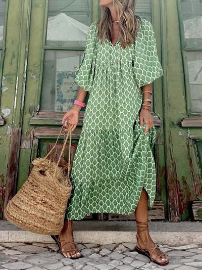 Elegante zomer maxi jurk met korte pofmouwen
