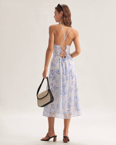 Elegante halterjurk met bloemenmotief en middellange lengte
