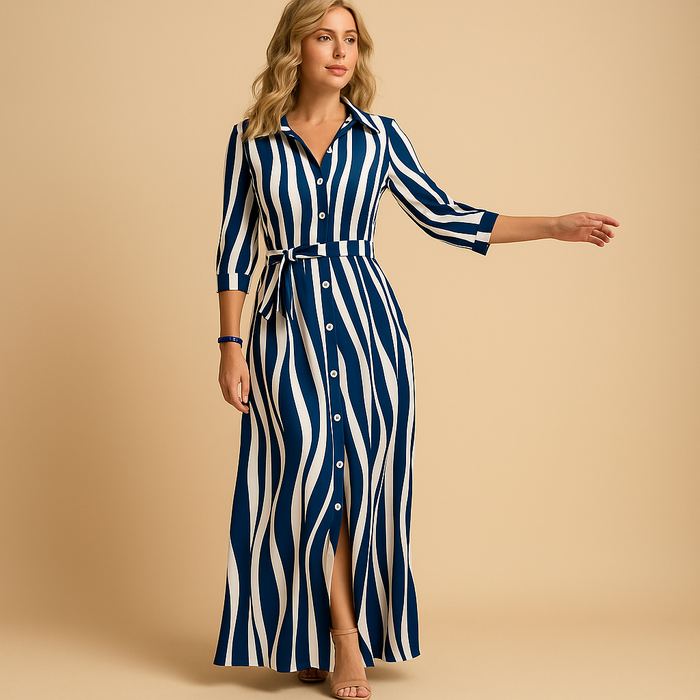 Lange elegante damesjurk met rechte snit en halflange mouwen