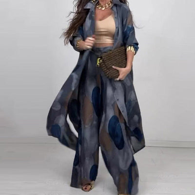 Tweedelige dames set met geprinte blouse met lange mouwen en wijde broek