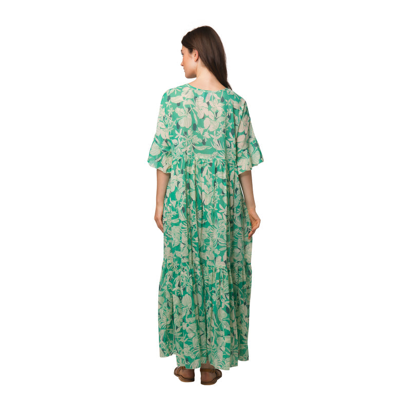 Elegante boho maxi jurk met wijde pasvorm en korte mouwen