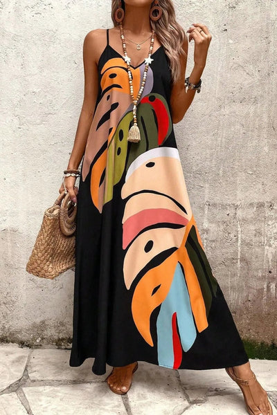 Zomerse maxi jurk met bladerenmotief en V-hals