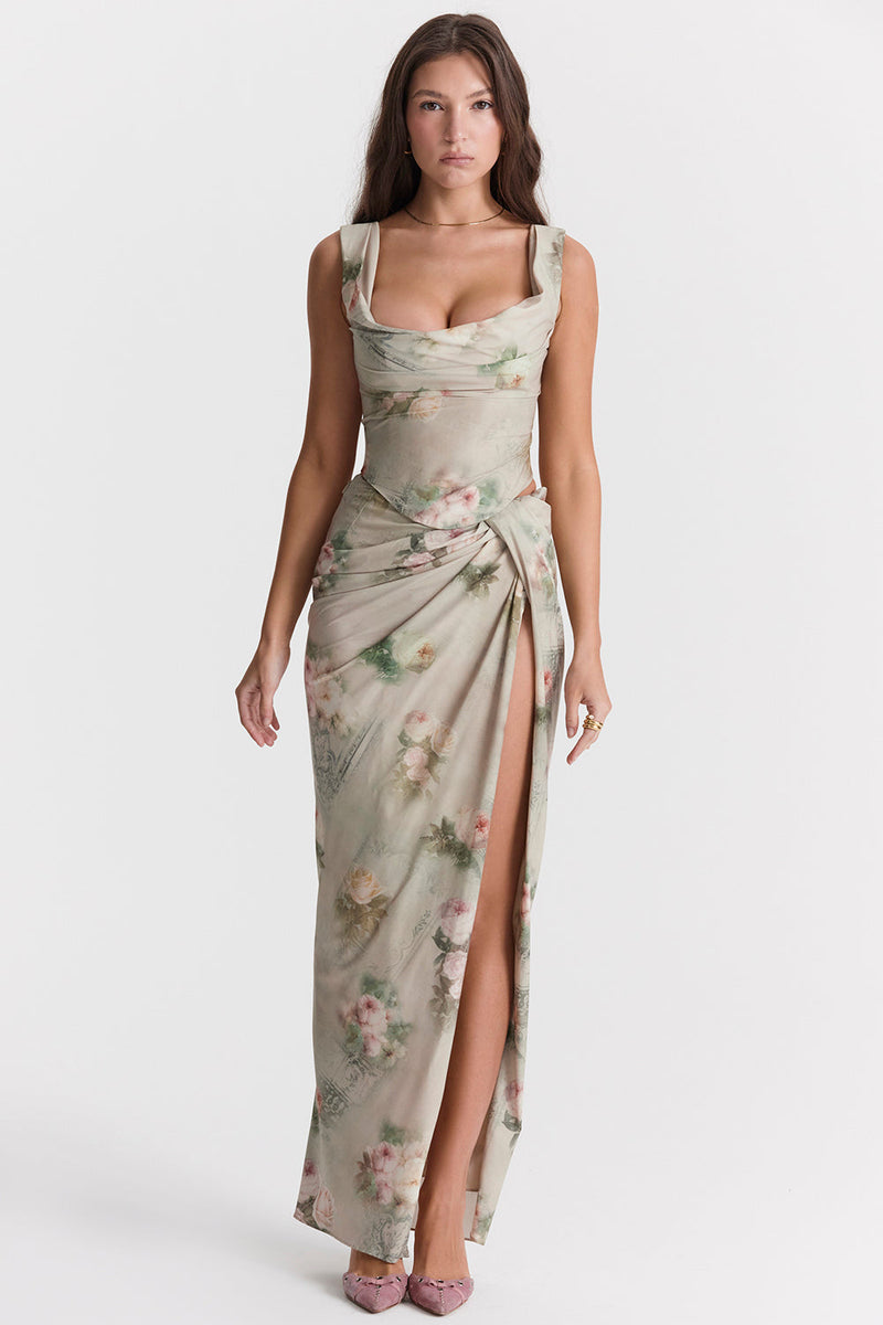 Vintage set met bloemenprint bestaande uit top met vetersluiting en lange rok