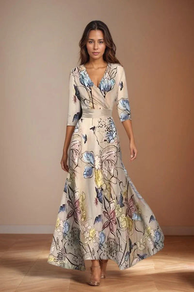 Lang dames maxi jurk met ceintuur en korte mouwen