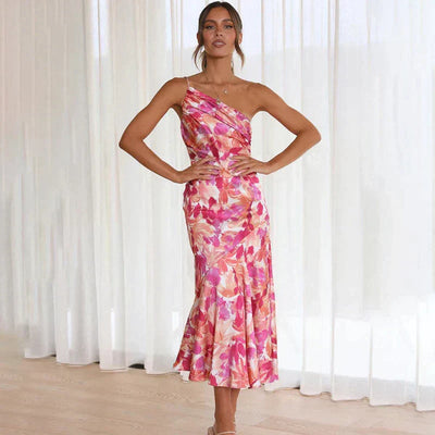 Midi jurk met bloemenprint en asymmetrische schouderlijn